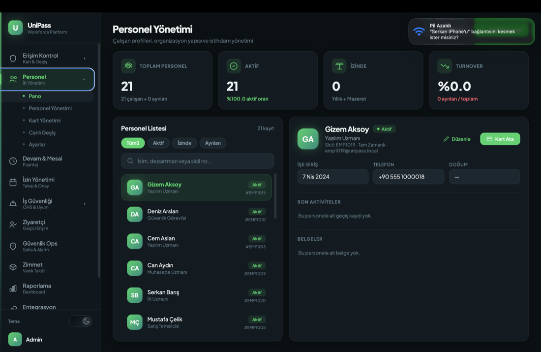 UniPass web yönetim paneli